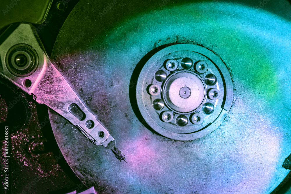 Poster Close up beautiful open detail frozen hard disk. Concept protection information or save user data.