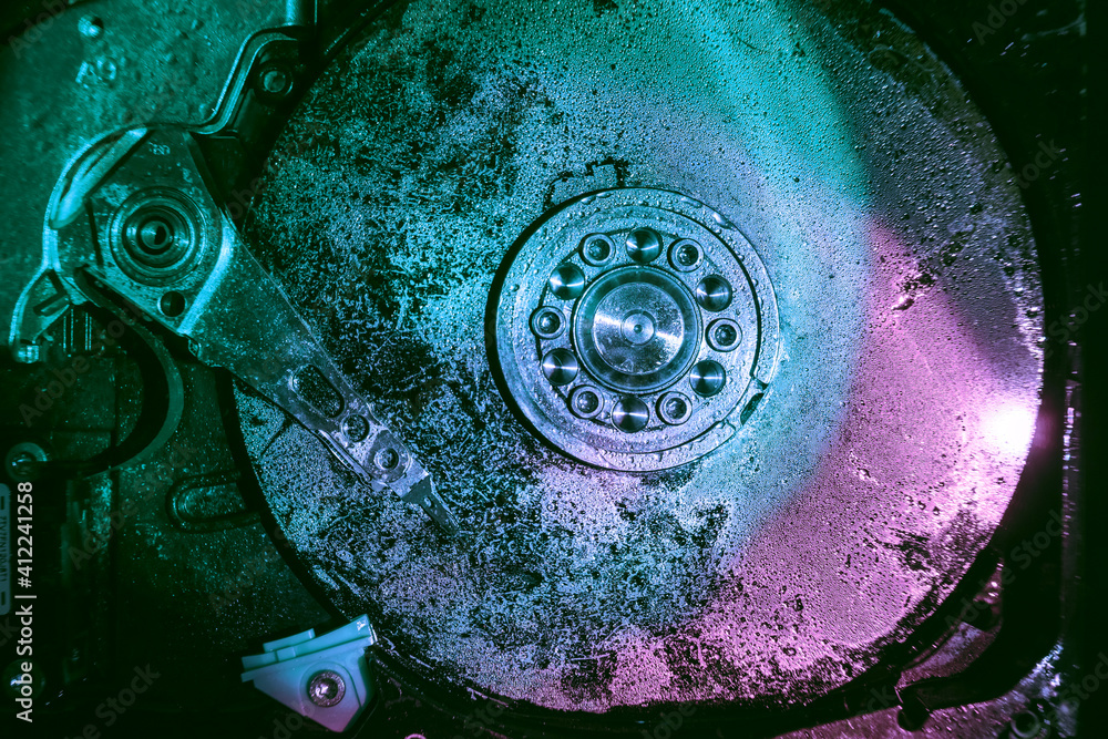 Poster Close up beautiful open detail frozen hard disk. Concept protection information or save user data.