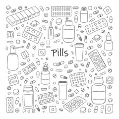  Big set with cute hand drawn pills icons. Vector medical collection	