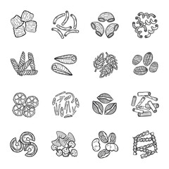 Fototapeta na wymiar Hand drawn set with different types of pasta. Vector food illustration. 