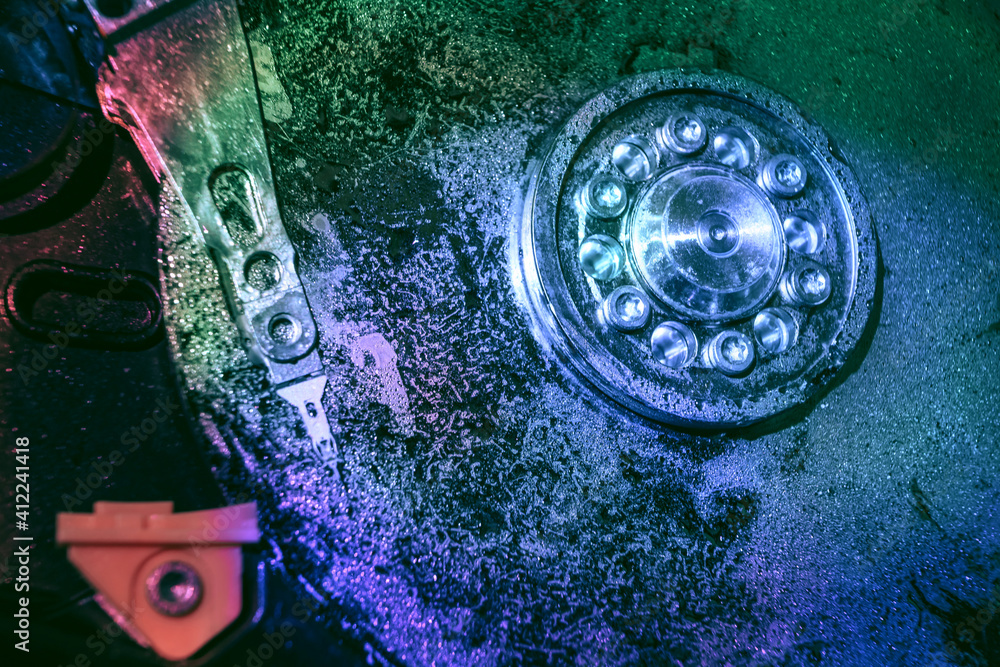 Poster Close up beautiful open detail frozen hard disk. Concept protection information or save user data.