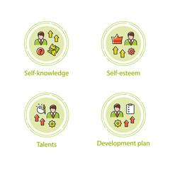  Personal growth concept icons set. Consists of growth zone, enhancing lifestyle, identifying potential, spiritual identity etc. Vector isolated conception metaphor illustrations