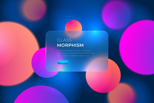 Vector Image In The Style Of Glass Morphism. Translucent Card With Button On A Bright Background. Frosted Transparent Glass And Colored Colorful Circles. Place For Your Text.