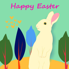 Happy Easter banner with Easter Bunny, trees on nature background