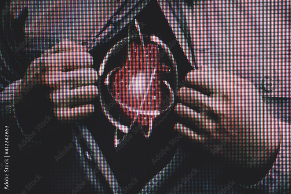 Aufkleber business man in shirt with a picture neon red heart and atom. innovative technologies. macro photogr