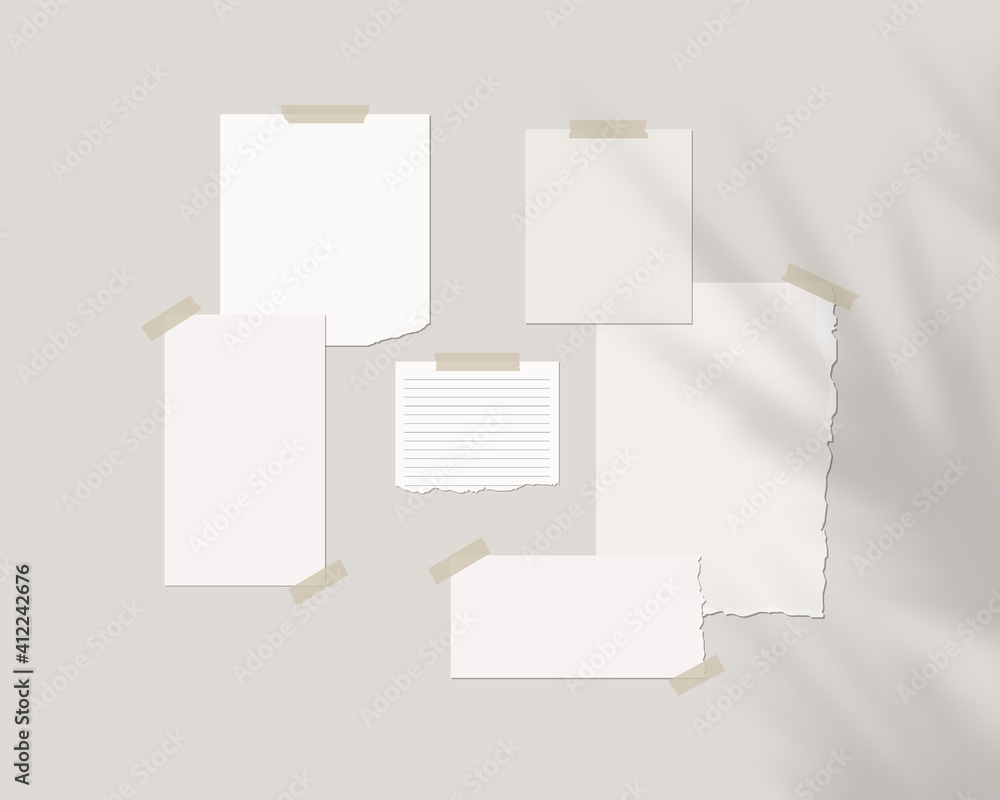 Poster mood board mockup template. empty sheets of white paper on the wall with shadow overlay. mockup vect