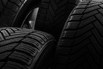 Set of wheels with winter tires as background, closeup