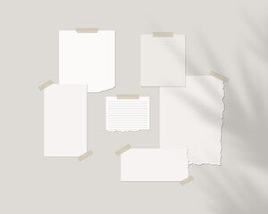 Mood board mockup template. Empty sheets of white paper on the wall with shadow overlay. Mockup vector isolated. Template design. Realistic vector illustration.