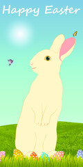 Happy Easter banner with Easter Bunny, Easter eggs, green grass, fence on nature background