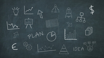 business and financial scribbles on a chalkboard, charts, diagrams and other symbols