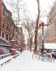 bicycle in front of  Brownstone houses, Brooklyn, New York, snow storm, winter