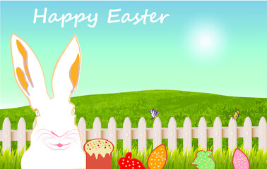 Happy Easter banner with Easter Bunny, Easter cake, cookies, green grass, fence on nature background