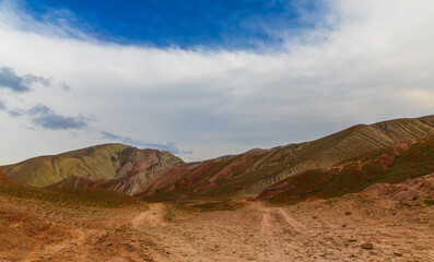 Fototapeta na wymiar Colored mountains of Khizi in Azerbaijan like gingerbread