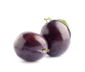 Ripe plums on white background