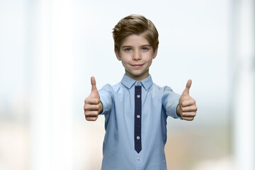 Handsome first grader is showing like gesture. Caucasian little boy in shirt on blurred white...