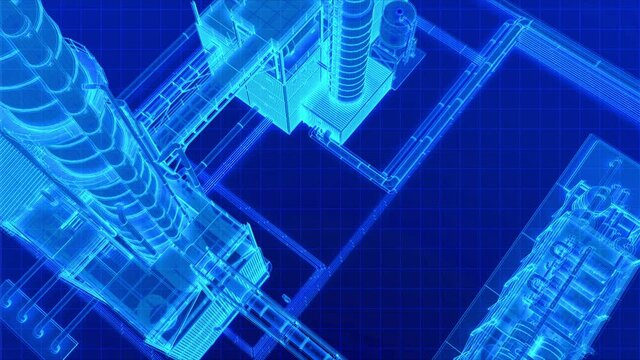 High camera view zoom to blue light neon wireframe oil refinery building futuristic digital cyberpunk style ,3D rendering footage.