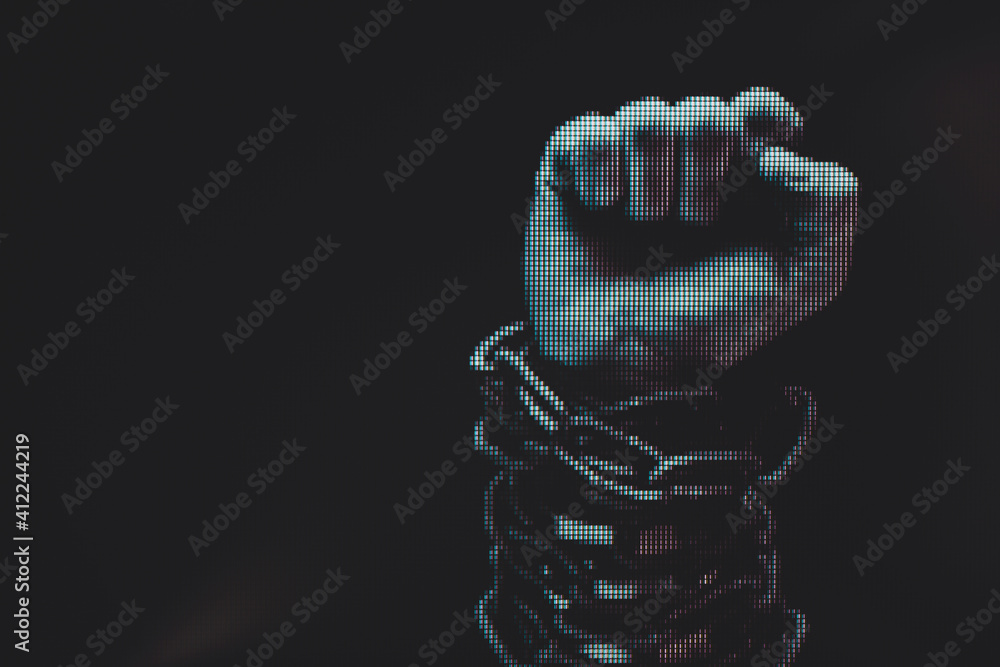 Poster human hand are chained in chains isolated on black background. macro photography view. close-up of p