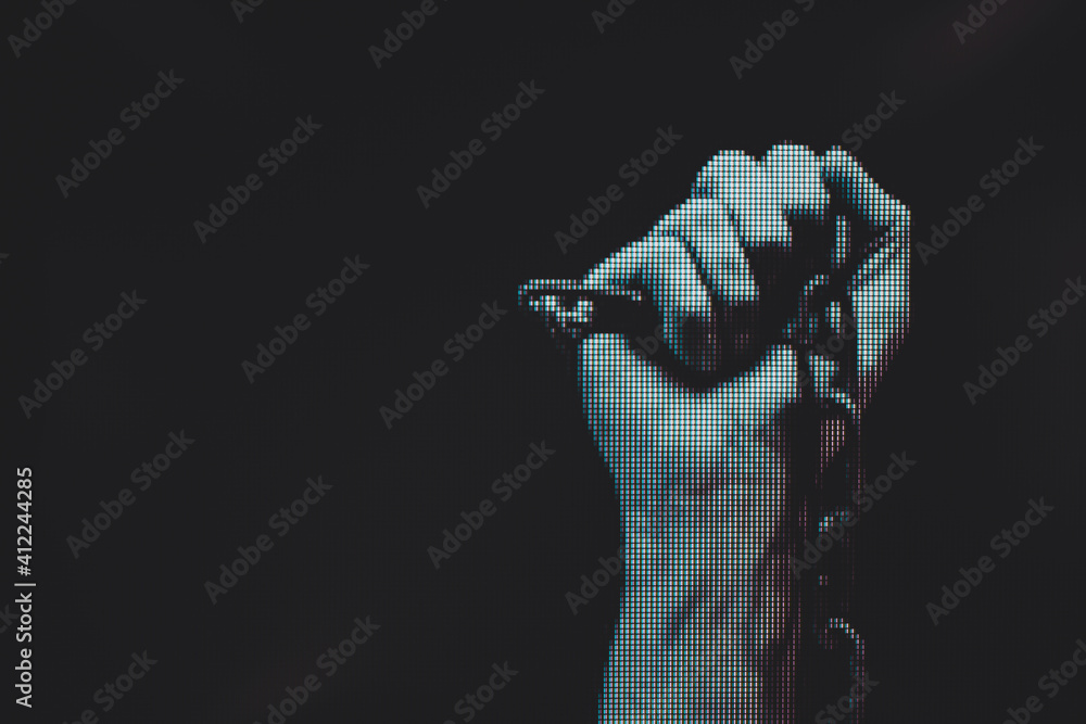 Poster human hand are chained in chains isolated on black background. macro photography view. close-up of p