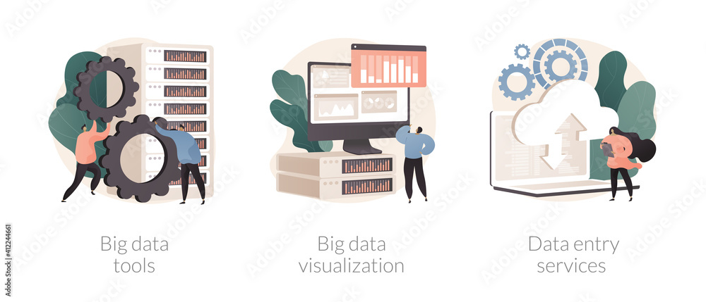 Poster database management abstract concept vector illustration set. big data tools and visualization, data