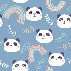 Seamless pattern with cute panda bear face and scandinavian style rainbow