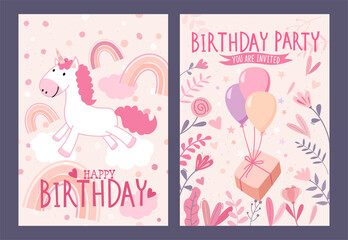 Set of Happy birthday card and party invitation with cute magical unicorn, rainbow and gift box