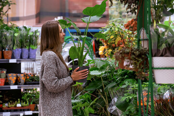 Young woman holding a pot with monstera in the middle of a flower store © karinabost