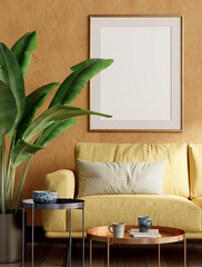 Sunny, orange retro living room with coffe tables, sofa, plant and mock-up picture. Clipping paths for picture mock-up. 3D render. 3D illustration.