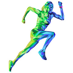 Illustration of running woman design with geometrical design. Polygonal, low poly, gradation.