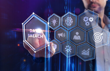 Business, Technology, Internet and network concept. Young businessman shows the word: Data breach
