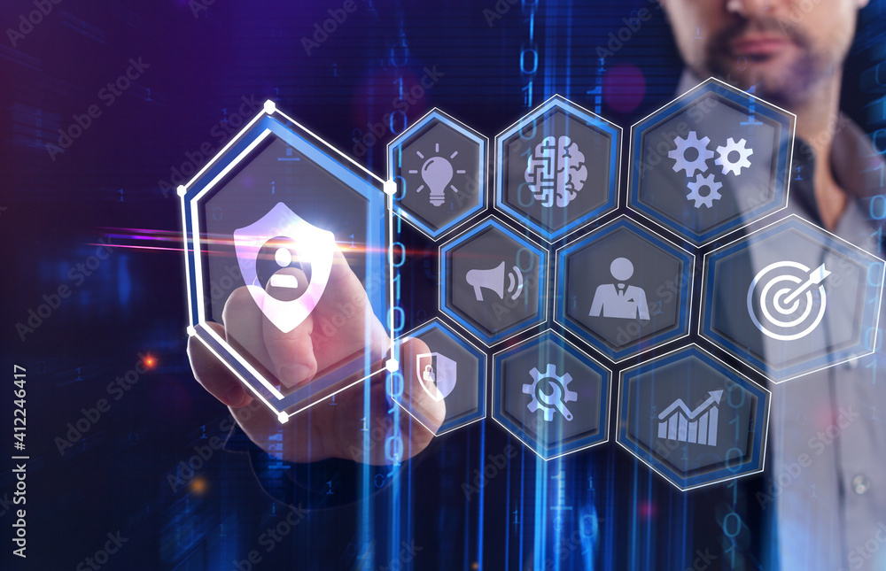 Poster cyber security data protection business technology privacy concept. young businessman select the ico