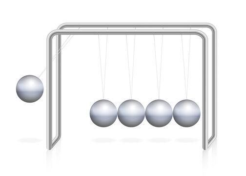 Newtons cradle pendulum with iron ball in motion, momentum, energy. Physical experiment. Isolated vector illustration on white background.
