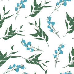 Seamless pattern with blue color flowers and fresh green twigs of leaves