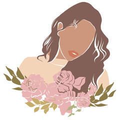 Illustration of young girl with brown hair and juicy lips and with pink color flowers and fress green leaves