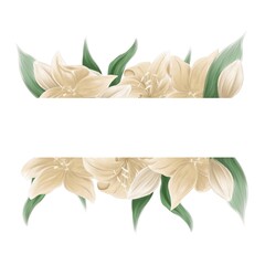 Rectangular frame made of golden lily flowers on a white background for invitations