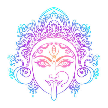 Portrait of Indian Hindi goddess Kali. Female blue head with open moth and out stuck tongue. Destroyer of evil forces. Diety, spiritual art. Occultism and witchcraft. Vector isolated illustration.
