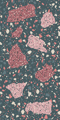 Terrazzo flooring seamless texture. Realistic raster pattern of mosaic floor with natural stones, granite, marble, quartz. Classic Italian floor surface. Design in soft pastel colors, pink, beige
