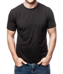 Blank black tshirt on young man template on white background