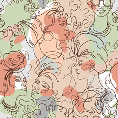 Abstract seamless pattern in modern simple style. Female faces. One line drawing. Design for wrapping paper, wallpaper, fabrics and fashion clothes.