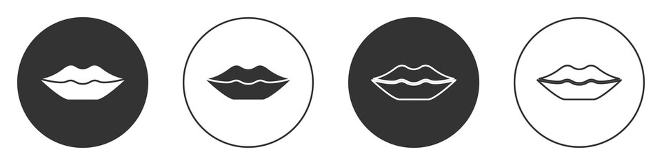 Black Smiling lips icon isolated on white background. Smile symbol. Circle button. Vector.