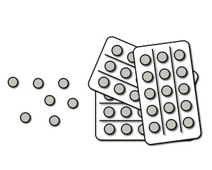  medicines tablets, pills, antibiotics, placebos, many different vitamins are scattered on the table,Flat Style,Classic top view of tablets