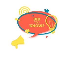 Did you know round speech bubble and megaphone in paper cut style. Quiz show sticker in memphis retro style. 80s 90s banner with bulb sign and puzzle shape. Vector card illustration