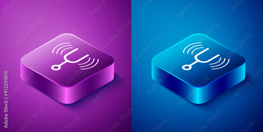 Poster isometric musical tuning fork for tuning musical instruments icon isolated on blue and purple backgr