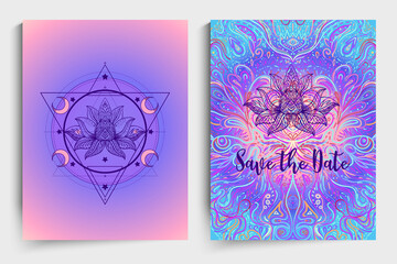 Yoga card, flyer, poster, mat design. Colorful design template for spiritual retreat or yoga studio. Ornamental business cards, oriental pattern. Vector illustration.