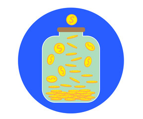 Glass jar and coins on a blue background. Symbol. Vector illustration.