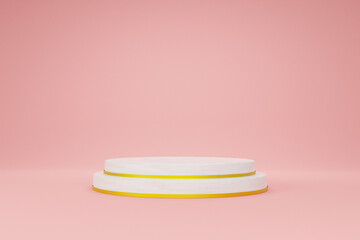 Marble podium color pink background with geometric shapes circle, pedestal on two floors Curved wall the platform for product presentation minimal style, copy space, 3D rendering