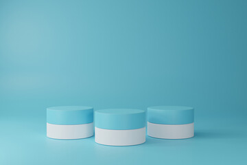 Abstract Empty podium on sky blue white background with podium and circular podium for product minimal presentation. cosmetics stand, banner, sale, copy space, 3d rendering