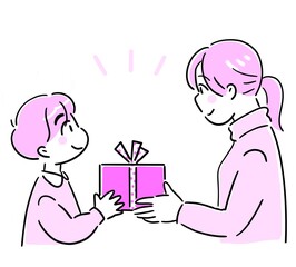 プレゼントを渡す男の子、女性