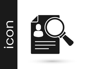 Black Document, paper analysis magnifying glass icon isolated on white background. Evidence symbol. Vector.