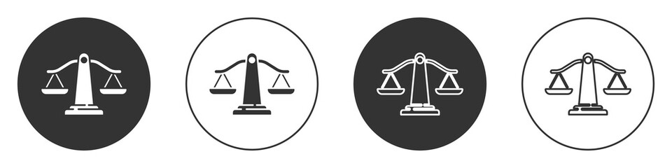 Black Scales of justice icon isolated on white background. Court of law symbol. Balance scale sign. Circle button. Vector.