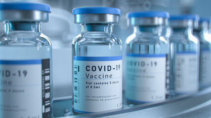 SARS-COV-2 COVID-19 Coronavirus Vaccine Mass Production in Laboratory, Bottles with Branded Labels Move on Pharmaceutical Conveyor Belt in Research Lab. Medicine Against SARS-CoV-2.